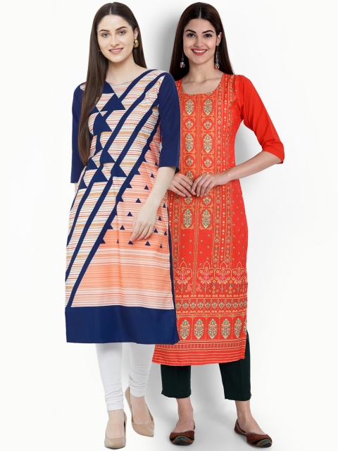 

Ethnic basket Women Multicoloured Geometric Striped Pack of 2 Crepe Kurta, Multi