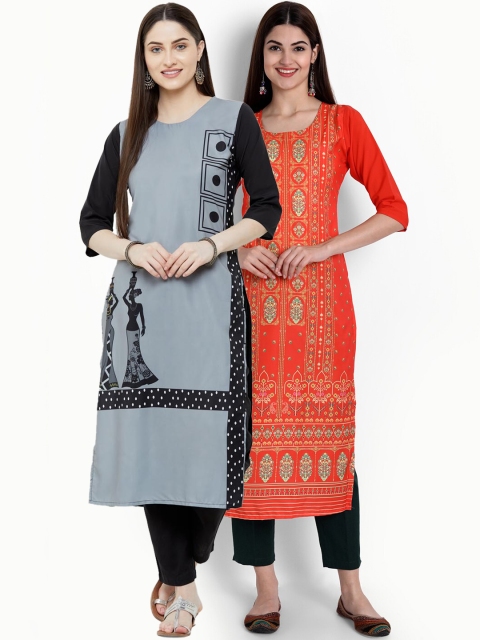 

Ethnic basket Women Grey & Red Pack Of 2 Ethnic Motifs Printed Crepe Kurtas