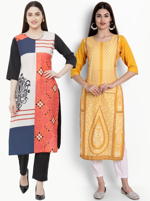 

Ethnic basket Women Navy Blue & Mustard Yellow Pack Of 2 Printed Crepe Kurtas