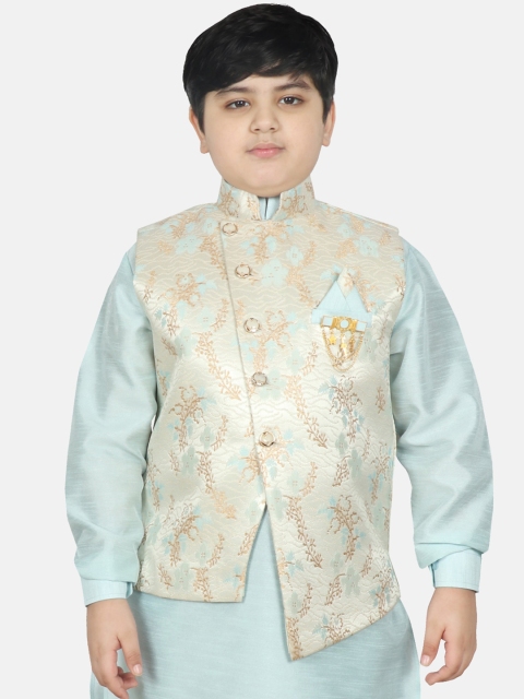 

SG YUVRAJ Boys Turquoise Blue & Gold Ethnic Motifs Satin Nehru Jacket