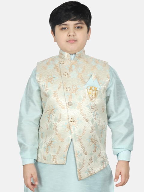 

SG YUVRAJ Boys Turquoise Blue Printed Satin Nehru Jacket