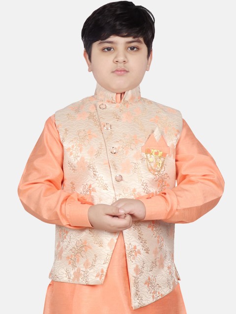 

SG YUVRAJ Boys Peach-Coloured & Gold-Coloured Printed Satin Nehru Jacket