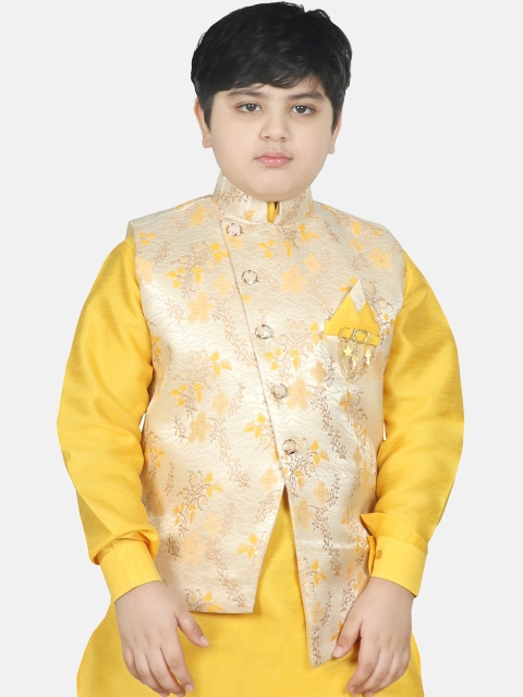 

SG YUVRAJ Boys Yellow Woven Design Satin Nehru Jacket, Gold