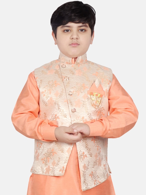 

SG YUVRAJ Boys Gold-Coloured & Peach-Coloured Printed Satin Nehru Jacket