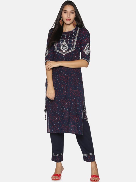 

Palakh Women Navy Blue & Black Ethnic Motifs Printed Pure Cotton Kurta With Trousers