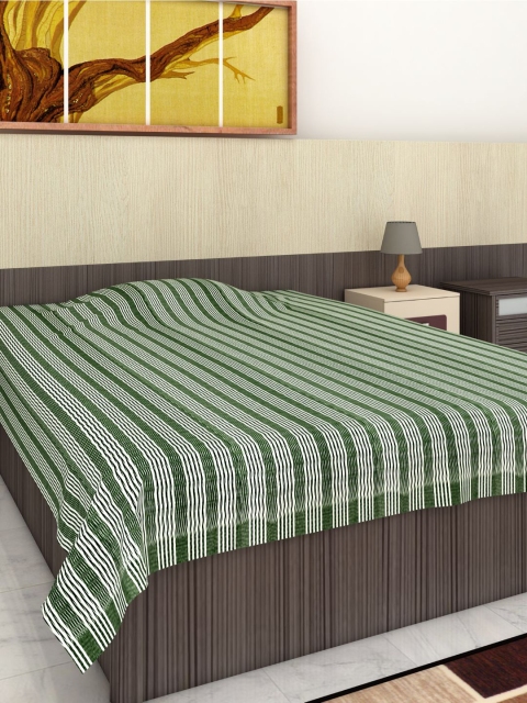 

Athom Trendz Green & White Striped Pure Cotton Single Bed Cover