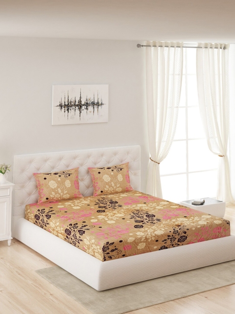 

Monte Carlo Beige & Pink Floral 300 GSM Queen Bedsheet with 2 Pillow Covers