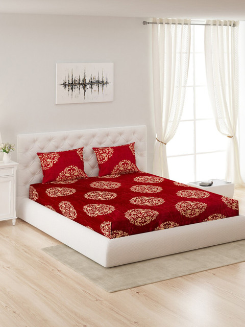 

Monte Carlo Red & Gold-Toned Ethnic Motifs 280 GSM Queen Bedsheet with 2 Pillow Covers