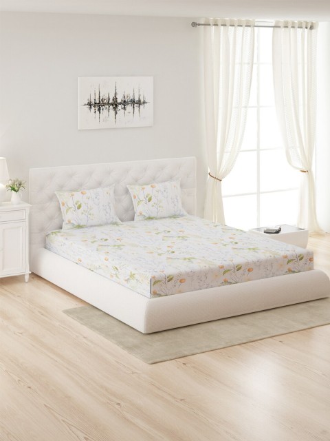 

Monte Carlo White & Green Floral 200 TC Queen Cotton Bedsheet with 2 Pillow Covers