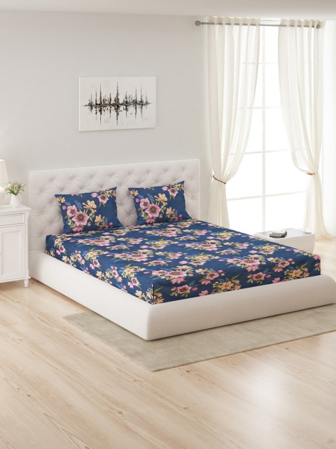 

Monte Carlo Blue & Pink Floral 130 GSM Queen Bedsheet with 2 Pillow Covers