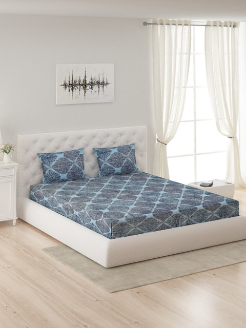 

Monte Carlo Grey & Blue Ethnic Motifs 300 GSM Queen Bedsheet with 2 Pillow Covers
