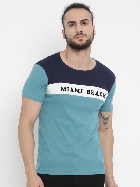 

V2 Value & Variety Men Teal & Navy Blue Colourblocked Round Neck T-shirt