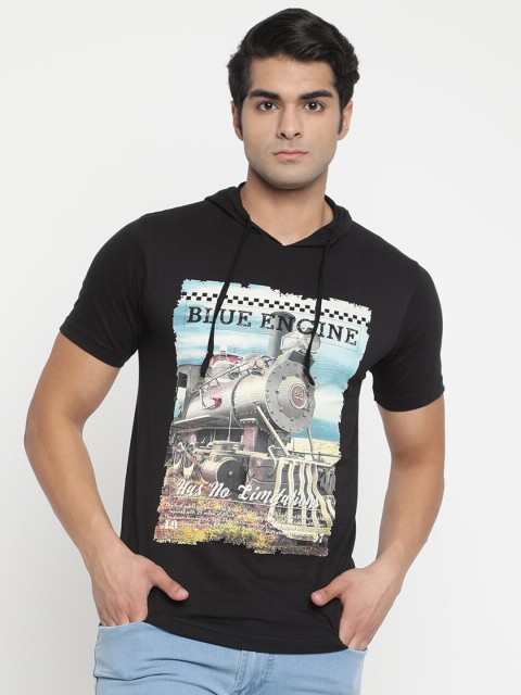 

V2 Value & Variety Men Black & Blue Printed Hooded Pure Cotton T-shirt