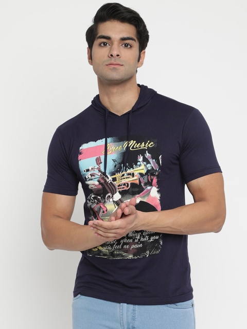 

V2 Value & Variety Men Navy Blue Hooded Printed T-shirt