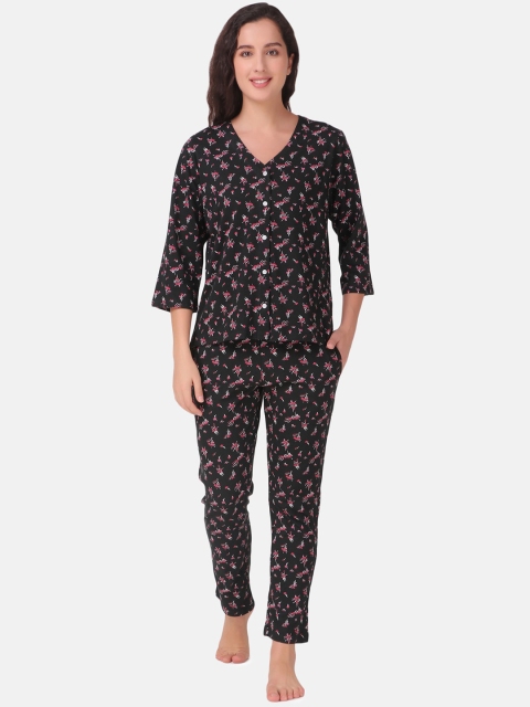 

Masha Women Black & Pink Printed Pure Cotton Vintage Night suit