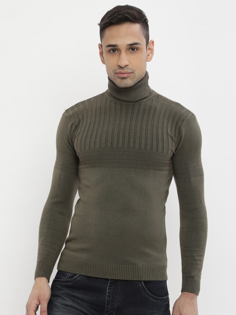 

V2 Value & Variety Men Olive Green Striped Turtle Neck Pullover Sweater
