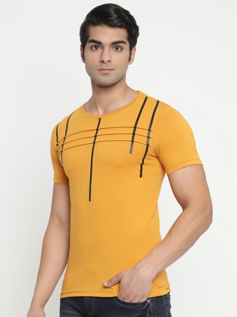 

V2 Value & Variety Men Mustard Yellow & Black Printed Pure Cotton T-shirt