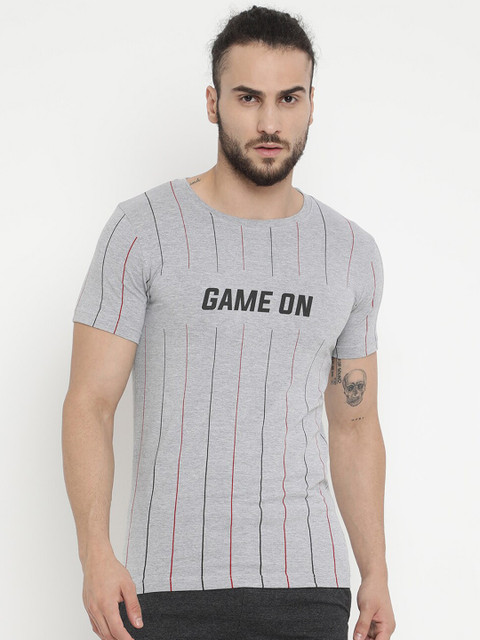 

V2 Value & Variety Men Grey Melange Typography Striped Cotton T-shirt