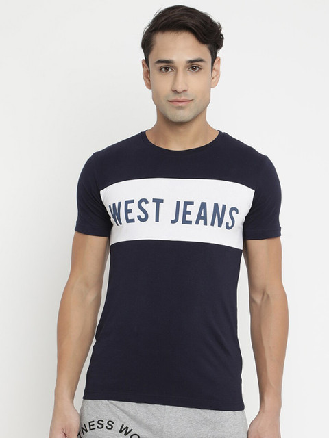

V2 Value & Variety Men Navy Blue & White Typography Colourblocked Pure Cotton Raw Edge T-shirt