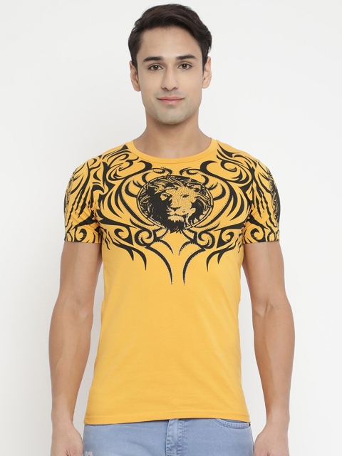 

V2 Value & Variety Men Mustard Yellow & Black Printed Pure Cotton Pockets T-shirt