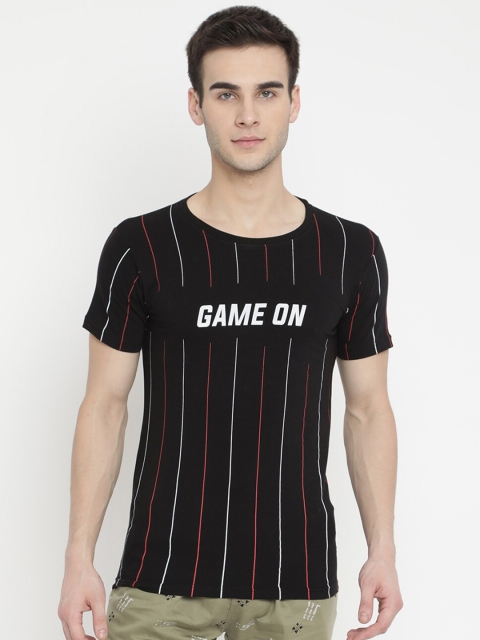 

V2 Value & Variety Men Black Typography Striped Pure Cotton Pockets T-shirt