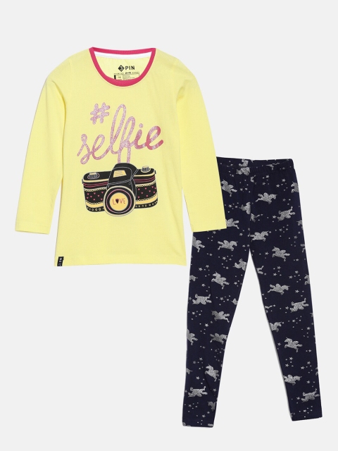 

3PIN Girls Yellow & Navy Blue Printed T-shirt with Leggings