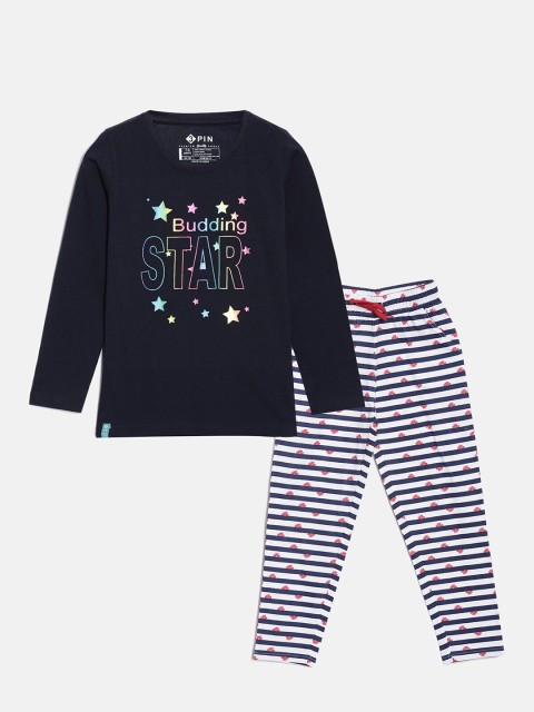 

3PIN Girls Navy Blue & White Printed T-shirt with Leggings