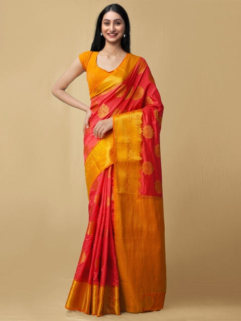 

Unnati Silks Red & Yellow Woven Design Zari Silk Blend Kanjeevaram Saree