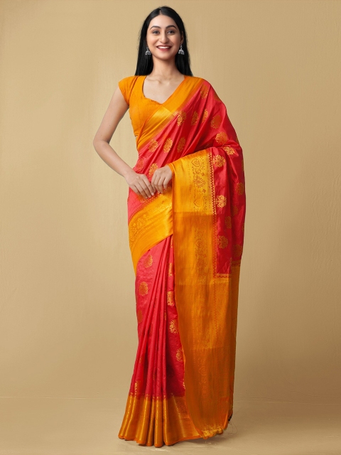

Unnati Silks Red & Orange Woven Design Zari Silk Blend Kanjeevaram Saree