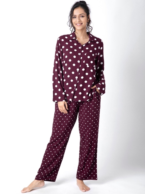 

FabAlley Woman Maroon & White Polka Dot Printed Night suit