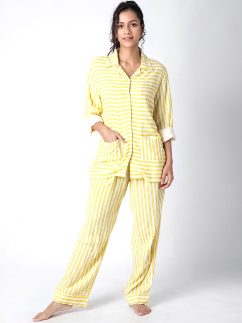 

FabAlley Women Yellow & White Striped Night suit