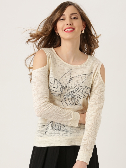 

Marie Claire Women Cream-Coloured Printed Cold Shoulder Top