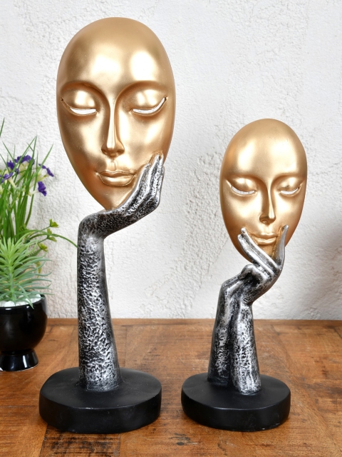 

Clasiko Set Of 2 Gold & Silver-Toned Face Mask With Stand Showpiece