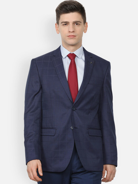 

Van Heusen Men Navy Blue Checked Slim-Fit Single-Breasted Formal Blazer