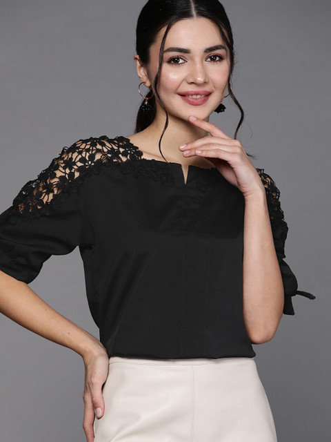 

JC Mode Black Solid Lace Detail Top