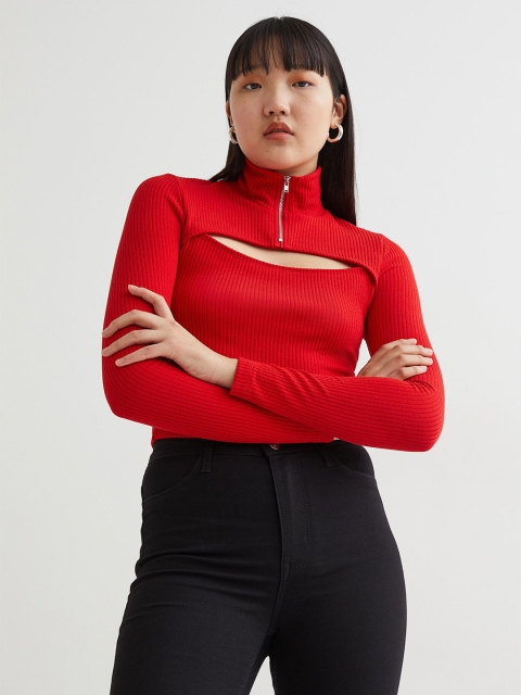 

H&M Women Red Ribbed Crop Cut-Out Top