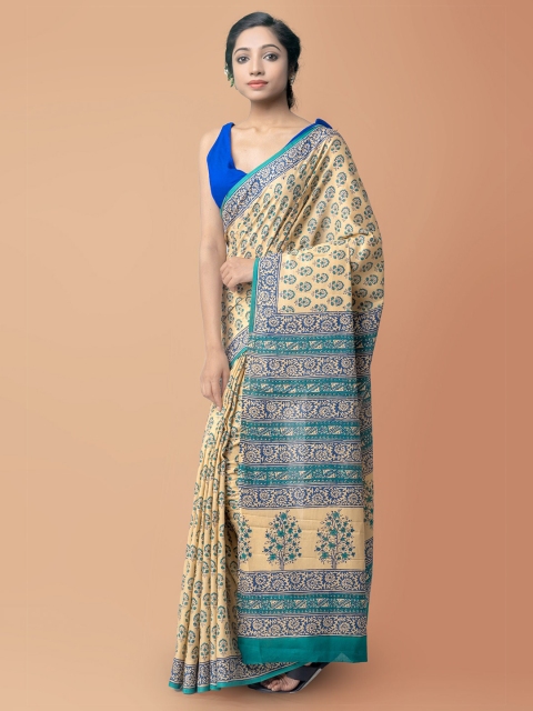 

Unnati Silks Brown & Teal Ethnic Motifs Pure Cotton Handloom Sustainable Block Print Saree