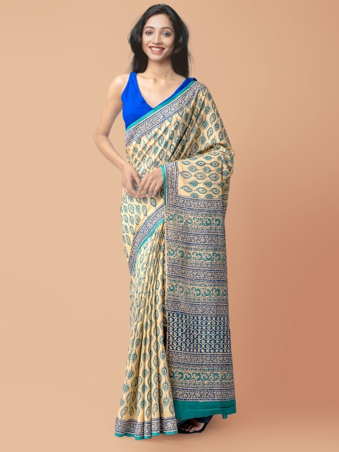 

Unnati Silks Brown & Blue Ethnic Motifs Pure Cotton Block Print Saree