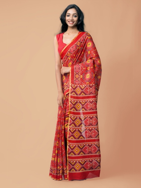

Unnati Silks Red & Yellow Ethnic Motifs Zari Pure Cotton Handloom Sustainable Patola Saree