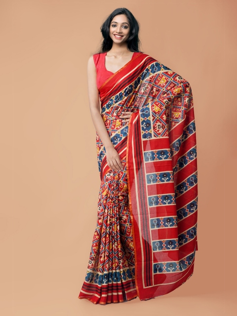 

Unnati Silks Red & Blue Ethnic Motifs Pure Cotton Handloom Sustainable Patola Saree