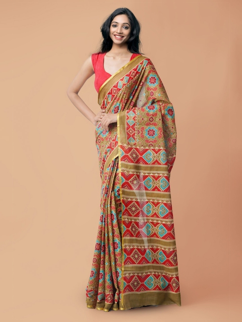 

Unnati Silks Green & Red Ethnic Motifs Handloom Sustainable Pure Cotton Patola Saree