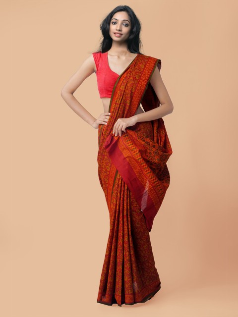 

Unnati Silks Red & Green Floral Pure Cotton Block Print Saree