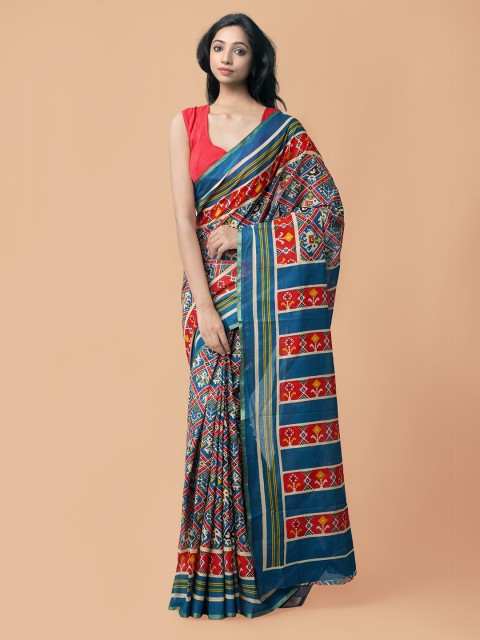 

Unnati Silks Blue & Red Ethnic Motifs Handloom Sustainable Pure Mulmul Cotton Patola Saree