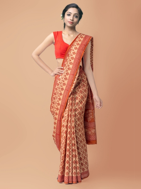 

Unnati Silks Brown & Beige Ethnic Motifs Pure Handloom Mulmul Cotton Block Print Saree