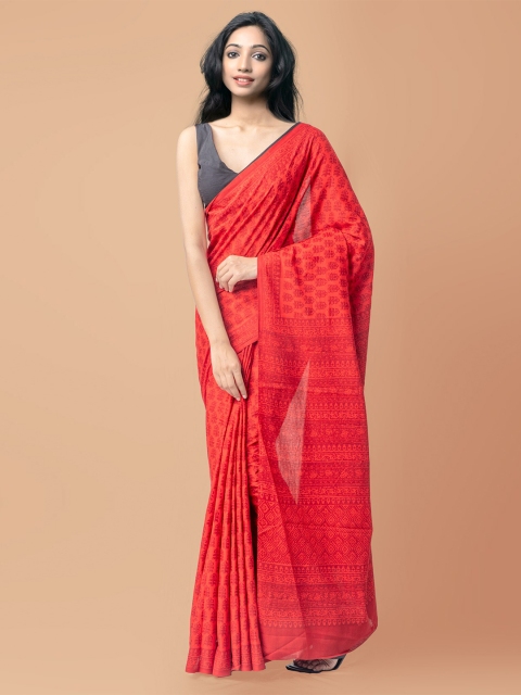 

Unnati Silks Red Ethnic Motifs Pure Cotton Block Print Saree