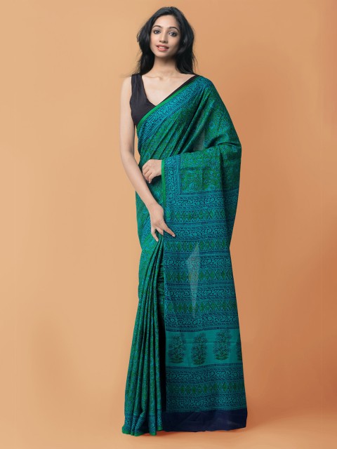

Unnati Silks Green & Navy Blue Ethnic Motifs Pure Cotton Block Print Saree