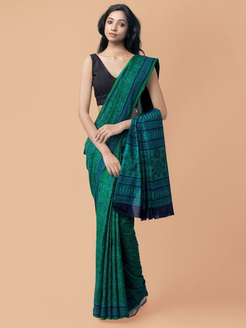 

Unnati Silks Green & Blue Floral Pure Cotton Handloom Block Print Saree