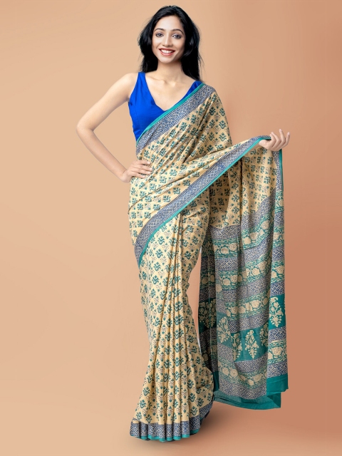 

Unnati Silks Brown & Blue Ethnic Motifs Pure Cotton Block Print Saree