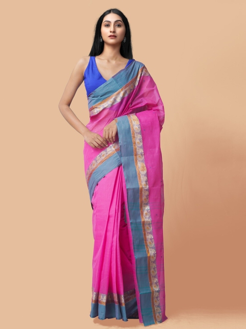 

Unnati Silks Pink & Blue Ethnic Motifs Pure Cotton Taant Saree