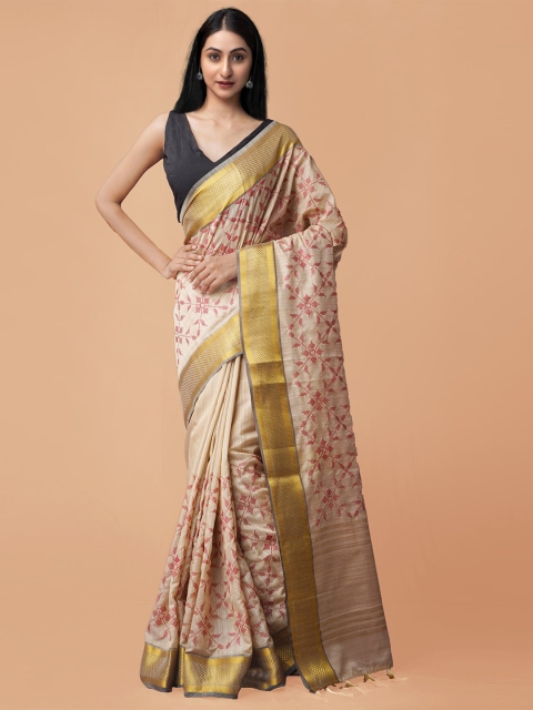 

Unnati Silks Brown & Pink Floral Silk Cotton Maheshwari Saree